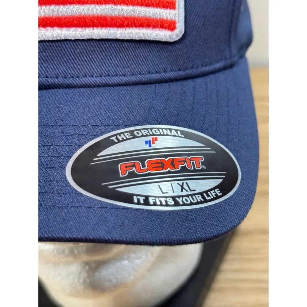 NWT Ariat Flexfit Flag Logo Patch Fitted Hat Cap Outdoors Navy Blue Size‎ L/XL